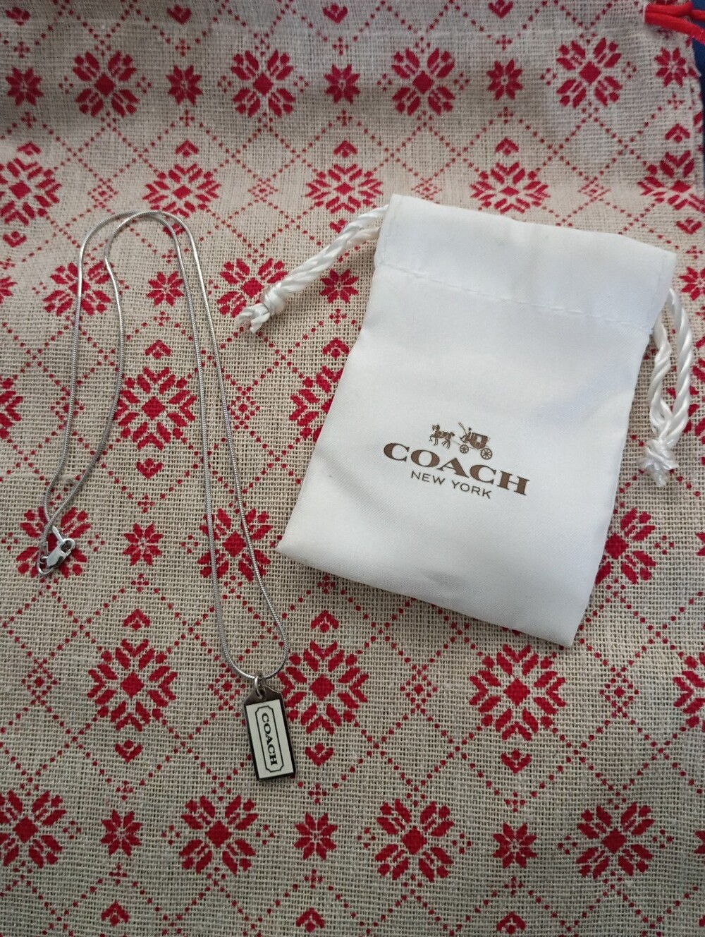 ❤️COACH WHITE ENAMEL PENDANT 925 ITALY STERLING CHAIN NECKLACE +Drawstring Pouch